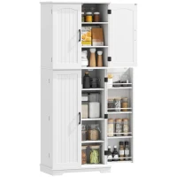 HOMCOM Buffet haut cuisine, armoire de cuisine, 4 portes, 10 niches, 8 porte-épices et étagères réglables, 60x35x162cm, blanc(m-1)