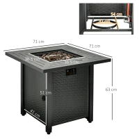 Outsunny Square Propane Gas Fire Pit Table, 40000 BTU Rattan Smokeless Firepit Patio Heater with Protective Cover, Glass beads and Lid, 71cm x 71cm x 63cm, Black(m-3)