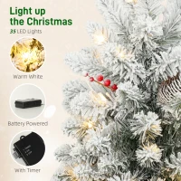 HOMCOM 60 cm Prelit Small Christmas Tree with 35 LED Lights, Snow Flocked Tabletop Mini Xmas Tree with 72 Dense Branches, Pine Cones, Berry Clusters and Linen Cover Base, Battery Operated, Green(m-5)