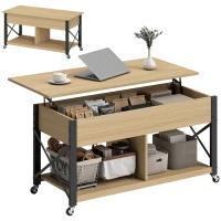 HOMCOM Mesa de Centro Elevatória com Rodas Compartimento Oculto e Prateleiras Abertas 105x50x67 cm Madeira e Branco(m-7)