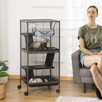 PawHut Small Animal Cage with Wheels Pet Home for Chinchillas Ferrets Kittens, with Hammock, 4 Platforms, Removable Tray, Silver(m-2)