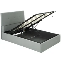 HOMCOM Stauraumbett mit verstecktem Fach und gesteppter Samt-Kopfteil, aus Holz und Metall, 195x141x106 cm, Grau(m-1)