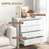 HOMCOM Cassettiera 5 Cassetti per Camera e Soggiorno in Legno Bianco, 79x39.5x80.5 cm(m-4)