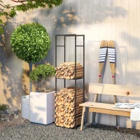 Outsunny Metal Firewood Log Holder, Heavy Duty Firewood Rack with Adjustable Shelf, Indoor Outdoor Fireplace Wood Storage Shelf, 45 x 31 x 170 cm, Black(m-7)