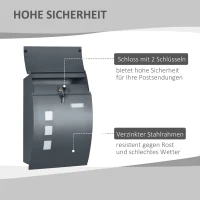 HOMCOM Briefkasten mit Schloss, verzinkter Stahl, 30 cm langer Postschlitz, Grau(m-4)