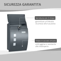 HOMCOM Cassetta Postale Ricurva in Acciaio con 3 Fessure e 2 Chiavi di Sicurezza 45x10x32 cm, Grigio(m-4)