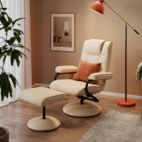 HOMCOM Massagesessel mit Hocker, Drehbares Relaxsessel mit Massagefunktion, Elektrisches Fernsehsessel mit Liegefunktion, Fernbedienung für Wohnzimmer, Kunstleder, Creme(m-2)