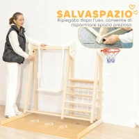 AIYAPLAY Gioco Arrampicata 5 in 1 Pieghevole con Scivolo, 2 Pareti, Altalena e Canestro, in Legno, 140x172.5x116.5 cm(m-8)
