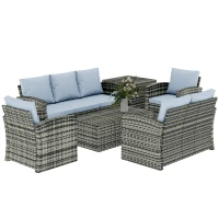 Outsunny 6 Pieces Rattan Garden Furniture Set, 7 Seater Wicker Outdoor Furniture Set with Storage Tea Table & Side Table, Sectional Garden Sofa Set with Cushions, Grey(m-10)