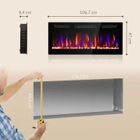 HOMCOM Ultraflacher Einbau-/Wand-Elektrokamin mit 3D-Flamme, Helligkeit/Geschwindigkeit einstellbar, 12 Farben, Kieselsteine, 900/1800 W(m-3)