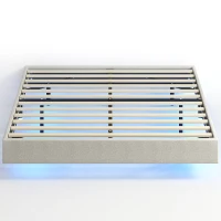 HOMCOM Schwebendes Bettgestell 140 x 190 cm mit LED-Beleuchtung, gepolstertes Doppelbett in Leinenoptik, Lattenrost aus Holz, Beige(m-8)