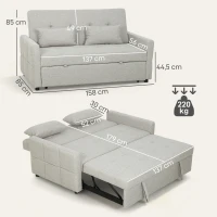 HOMCOM Canapé convertible 2 places 3 en 1, canapé-lit clic-clac, lit gigogne, dossier réglable, 158x85x85cm, marron clair(m-3)