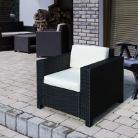 Outsunny Single Seater Rattan Chair Sofa - 10 cm Thick Padded Cushion, All-Weather PE Wicker Weave Garden Armchair with Armrests, Black(m-2)