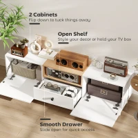 HOMCOM Mobile TV 70" max con 2 Ante a Ribalta, Cassetto e Scaffale Aperto, in Legno, 150x35x45 cm, Bianco e color Legno(m-4)