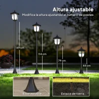 Outsunny Lámpara Solar de Jardín Farola con 6 Luces LED con Batería Recargable Solar con Autonomía de 6-8 Horas Ø26,5x177cm Negro(m-4)