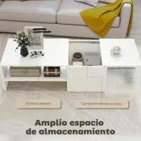HOMCOM Mesa de Centro con Tablero Deslizante Moderna con Compartimento Oculto Estante Abierto 110x52x36 cm Blanco(m-5)