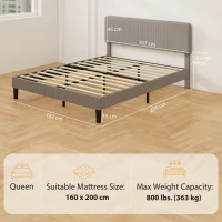 HOMCOM Struttura letto matrimoniale, con rete a doghe in legno, testiera regolabile, imbottito in velluto a coste, 160 x 200 cm Grigio(m-3)