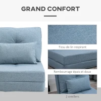 HOMCOM Chauffeuse canapé-lit convertible fauteuil 1 place avec 1 coussin avec dossier réglable, bleu(m-6)
