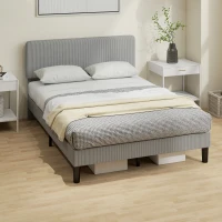 HOMCOM Cadre de lit 140 x 190 cm, sommier à lattes en bois, tête de lit réglable, lit double rembourré en velours côtelé, gris(m-6)