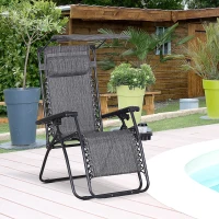 Outsunny Foldable Reclining Garden Chair with Headrest, Zero Gravity Deck Sun Lounger Seat with Footrest, Armrest, Cup Holder & Canopy Shade, Grey(m-2)