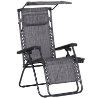 Outsunny Foldable Reclining Garden Chair with Headrest, Zero Gravity Deck Sun Lounger Seat with Footrest, Armrest, Cup Holder & Canopy Shade, Grey