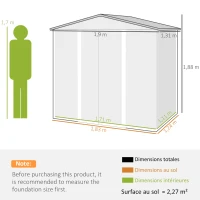 Outsunny Abri de Jardin 2,27 m² gants inclus porte verrouillable ventilations acier galvanisé 190 x 131 x 188 cm gris(m-3)