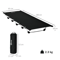 Outsunny Lightweight Camping Bed, Aluminium Portable Camp Cot w/ Strong Support 150kg and Carry Bag for Camping, Black(m-3)