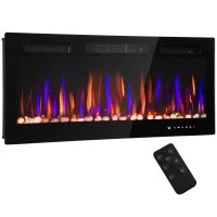 HOMCOM Ultraflacher Einbau-/Wand-Elektrokamin mit 3D-Flamme, Helligkeit/Geschwindigkeit einstellbar, 12 Farben, Kieselsteine, 900/1800 W(m-1)