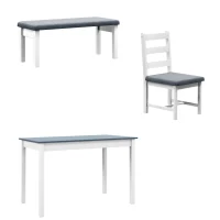 HOMCOM Sitzgruppe, 4-teiliges Esstisch-Set, 1 Tisch, 1 Bank, 2 Stühle, Grau + Weiß(m-1)