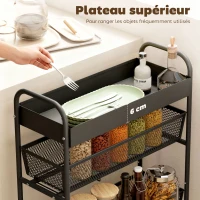 HOMCOM Chariot de rangement à 4 niveaux, desserte à roulettes, 3 paniers coulissants, panier supérieur 19 x 43,2 x 80 cm noir(m-5)