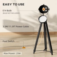 HOMCOM Industrial Tripod Floor Lamp, Nautical Searchlight with Adjustable Height, Wood Legs, E14 Lamp Base for Living Room, Bedroom, Black(m-7)