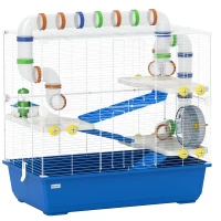 PawHut Hamsterkäfig mit 4 Ebenen, Kleintierkäfig mit Tunnelsystem, Hütte, Laufrad, für Zwerghamster, 78 x 45 x 73 cm, Blau(m-1)