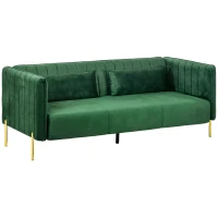 HOMCOM Sofa 3-Sitzer-Sofa Couch, inkl. 2 Kissen, Samtoptik, Retro-Design, abnehmbarer Bezug, 195 cm x 88 cm x 76 cm Grün(m-11)