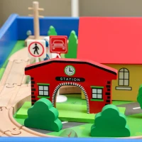 AIYAPLAY Spieltisch, 108-teiliges Eisenbahn-Set aus Holz, mit abnehmbarer Tischplatte, Eisenbahntisch, 98x60,5x40 cm, Blau(m-9)