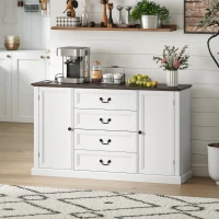 HOMCOM Credenza da Cucina Stile Vintage con 4 Cassetti e 2 Armadietti con Mensole Regolabili, 147x40x87, Legno Bianco(m-2)