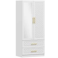 HOMCOM Roupeiro com Espelho 2 Portas e 2 Gavetas Relevo de Diamante Barra para Pendurar Estilo Moderno 80x50x180 cm Branco(m-1)