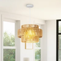 HOMCOM Hängelampe, 3-stufiger Lampenschirm, Metall, Hanfseil, Hellbraun(m-9)