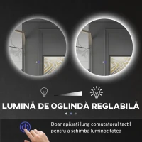 Kleankin Oglinda de Baie Rotunda cu Lumina LED in 3 Culori si intrerupatoare Touch, Ø60x3.5 cm, Transparent(m-5)