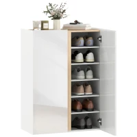 HOMCOM Shoe Cabinet with Quiet Safety Closure, 6-Tier Wooden Shoes Storage Cabinet with Handle-Free Design, 18 Pairs, for Entryway, Hallway, White High-Gloss Door and Wood Accent Top(m-11)