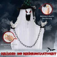 HOMCOM Dekoracja na Halloween 204 cm Wiszący Duch z Aktywacją Dźwiękową, Świecącymi Oczami, Funkcją Dźwiękową Biały(m-6)