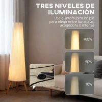 HOMCOM Lámpara de Pie con Trípode Brillo Ajustable 3 Niveles Interruptor de Pie Patas de Madera y Pantalla de Tela Blanco(m-4)