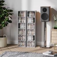 HOMCOM 204 CD Media Display Shelf Unit Set of 2 Blu-Ray Tower Rack w/ Adjustable Shelves Bookcase Storage Organiser, Grey(m-12)