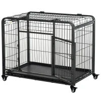 PawHut Kennel per Cani Pieghevole a Doppia Porta con Blocco, 4 Ruote con Freno e Fondo Rimovibile, 94x58x69.5 cm, Grigio(m-1)