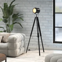 HOMCOM Industrial Tripod Floor Lamp, Nautical Searchlight with Adjustable Height, Wood Legs, E14 Lamp Base for Living Room, Bedroom, Black(m-9)