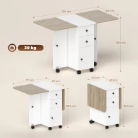 HOMCOM Tavolo Pieghevole con 2 Cassetti e Armadietto, 6 Rotelle e Freni, 120x60x76.5 cm, Bianco e Rovere(m-3)