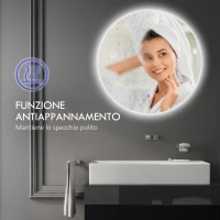 kleankin Specchio Bagno con Luci LED Regolabili, Interruttori Touch e Design Antiappannamento, Ø60 cm(m-7)