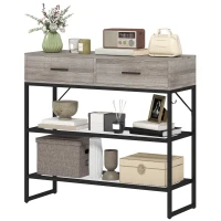 HOMCOM Console d'entrée avec 2 tiroirs, 2 étagères et crochet latéral, en bois et métal, 100x35x92 cm, noir et bois(m-1)