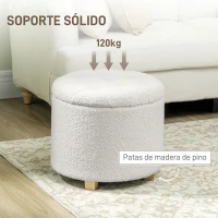 HOMCOM Puff Almacenaje Baúl de Almacenaje Redondo 40,5L 45x45x41 cm Tapizado en Borreguillo con Patas de Madera Blanco(m-6)