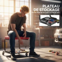 HOMCOM Tabouret de mécanicien tabouret d'atelier mobile charge 135 kg plateau outils roulettes inclus 36,5 x 33,5 x 35 cm rouge(m-4)