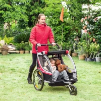 HOMCOM Remorque vélo pour enfant 2 en 1 convertible jogger poussette capacité 26,4 kg avec réflecteurs et drapeau - 2 places  - rouge(m-10)